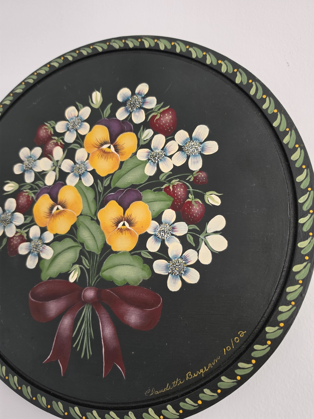Vintage Moody Dark Green Floral Bouquet Wall Art with Yellow Pansies and Red Bow - Picture 4 of 12